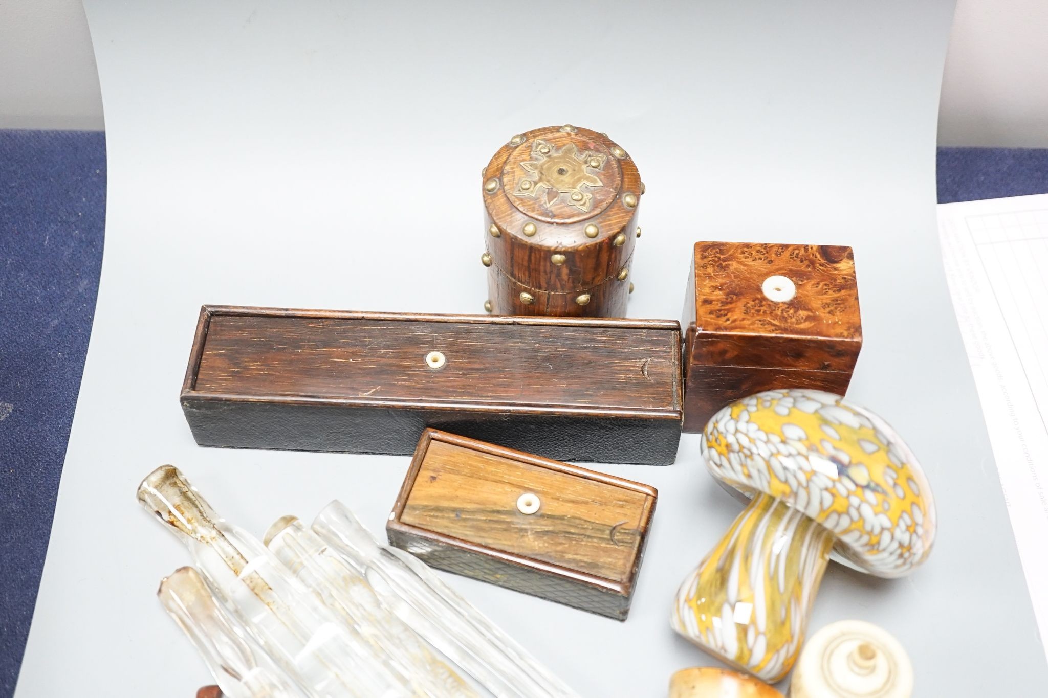 Four Victorian treen match holders with ‘go to bed’ tops a meerschaum pipe, four glass scent vials, a bone match holder Mdina toadstool, glass scent bottles etc.